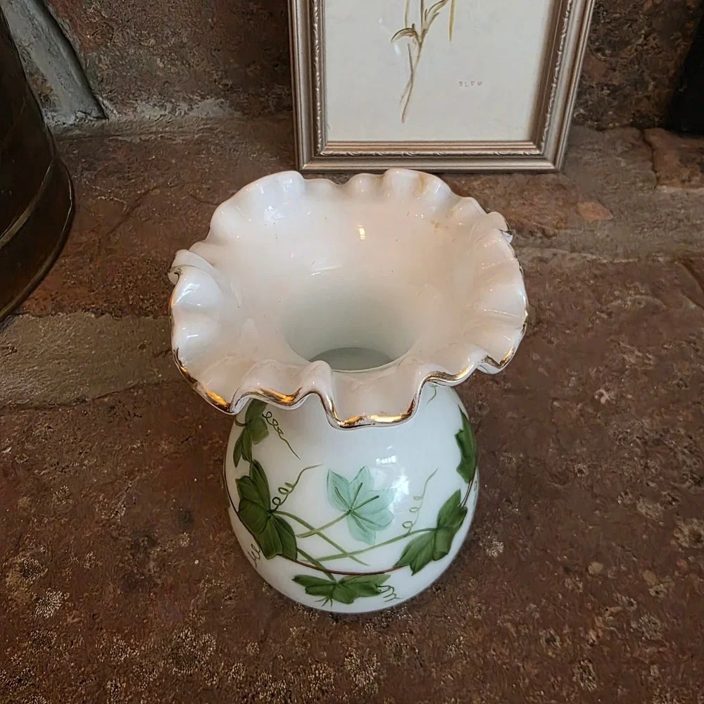 Vintage Consolidated Milk Glass Ivy Vase Hand Painted Ruffled Gold Rim 6 Inch